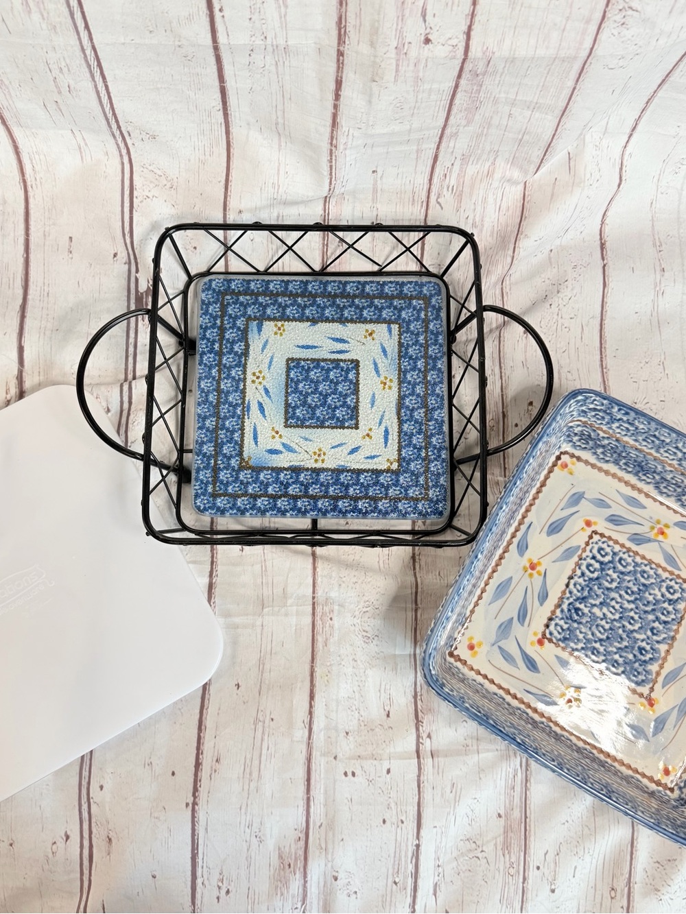 Temptations Old World Blue 2qt Square Baking Dish Casserole. Rack, Trivet